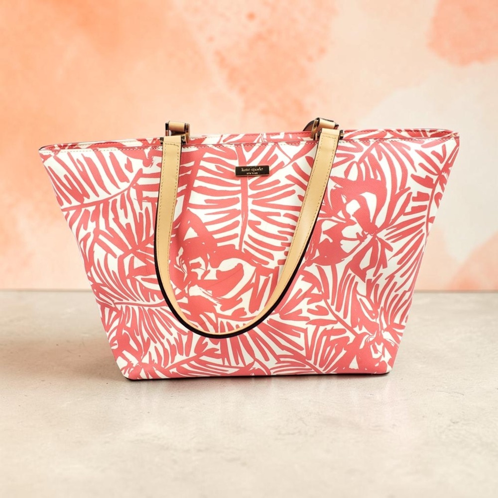 Kate Spade New York Coral Pink White Tropical Palm Leaf Print Zip Top Tote Bag